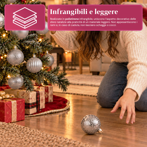 Set 16 Palline di Natale Infrangibili 7 cm - 4 Finiture Assortite Lucide, Opache e Glitterate - Decorazioni Albero e Casa - Rosso, Oro, Argento