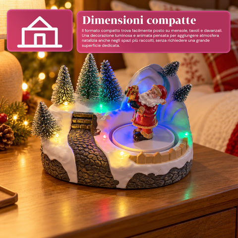Villaggio di Natale Luminoso con Elemento Rotante, Luci LED e Musica – 3 Varianti: Albero, Babbo Natale, Bambini – 17x14x15 cm