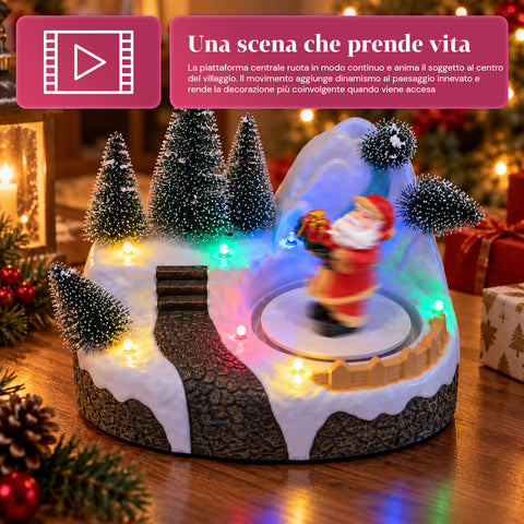 Villaggio di Natale Luminoso con Elemento Rotante, Luci LED e Musica – 3 Varianti: Albero, Babbo Natale, Bambini – 17x14x15 cm