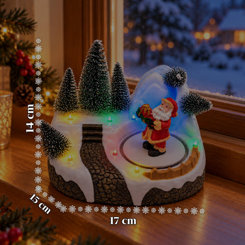 Villaggio di Natale Luminoso con Elemento Rotante, Luci LED e Musica – 3 Varianti: Albero, Babbo Natale, Bambini – 17x14x15 cm