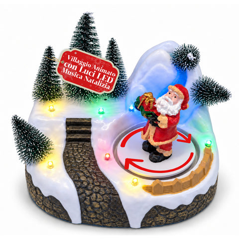 Villaggio di Natale Luminoso con Elemento Rotante, Luci LED e Musica – 3 Varianti: Albero, Babbo Natale, Bambini – 17x14x15 cm