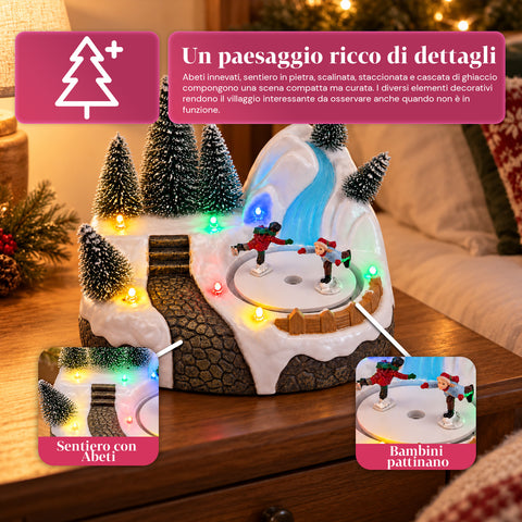 Villaggio di Natale Luminoso con Elemento Rotante, Luci LED e Musica – 3 Varianti: Albero, Babbo Natale, Bambini – 17x14x15 cm