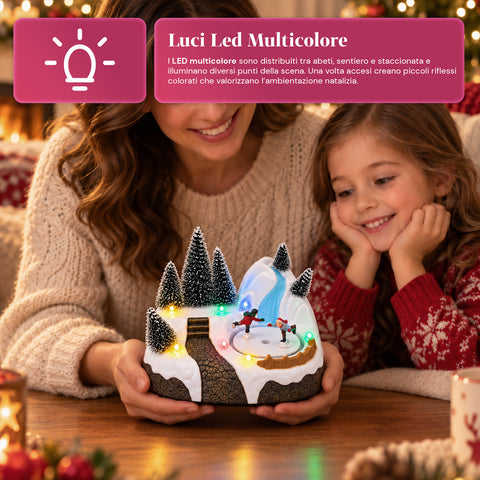 Villaggio di Natale Luminoso con Elemento Rotante, Luci LED e Musica – 3 Varianti: Albero, Babbo Natale, Bambini – 17x14x15 cm