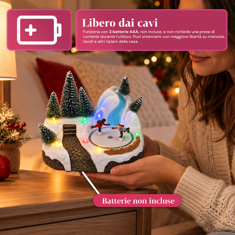 Villaggio di Natale Luminoso con Elemento Rotante, Luci LED e Musica – 3 Varianti: Albero, Babbo Natale, Bambini – 17x14x15 cm