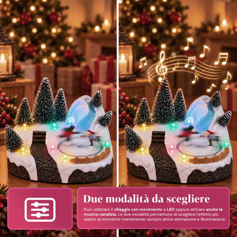 Villaggio di Natale Luminoso con Elemento Rotante, Luci LED e Musica – 3 Varianti: Albero, Babbo Natale, Bambini – 17x14x15 cm