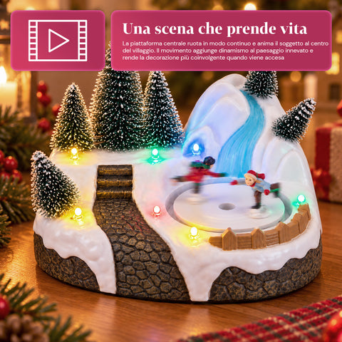 Villaggio di Natale Luminoso con Elemento Rotante, Luci LED e Musica – 3 Varianti: Albero, Babbo Natale, Bambini – 17x14x15 cm