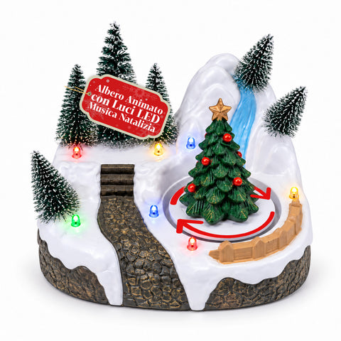 Villaggio di Natale Luminoso con Elemento Rotante, Luci LED e Musica – 3 Varianti: Albero, Babbo Natale, Bambini – 17x14x15 cm