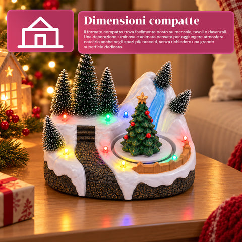 Villaggio di Natale Luminoso con Elemento Rotante, Luci LED e Musica – 3 Varianti: Albero, Babbo Natale, Bambini – 17x14x15 cm