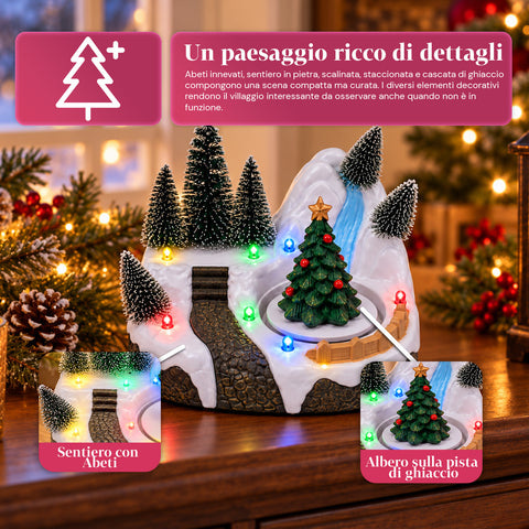 Villaggio di Natale Luminoso con Elemento Rotante, Luci LED e Musica – 3 Varianti: Albero, Babbo Natale, Bambini – 17x14x15 cm
