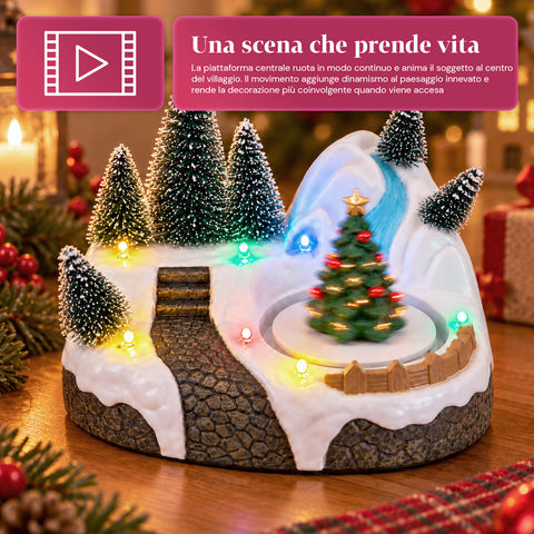 Villaggio di Natale Luminoso con Elemento Rotante, Luci LED e Musica – 3 Varianti: Albero, Babbo Natale, Bambini – 17x14x15 cm