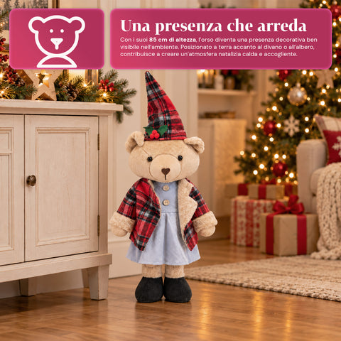 Orso Natalizio Decorativo 85 cm, Peluche da Arredo con Cappello e Abito Scozzese, Base Stabile, Rosso o Marrone Tartan