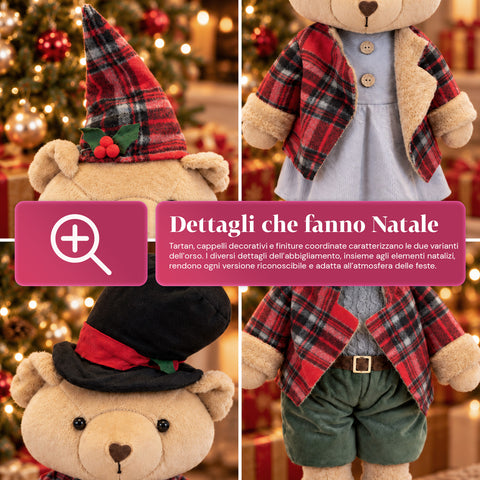 Orso Natalizio Decorativo 85 cm, Peluche da Arredo con Cappello e Abito Scozzese, Base Stabile, Rosso o Marrone Tartan