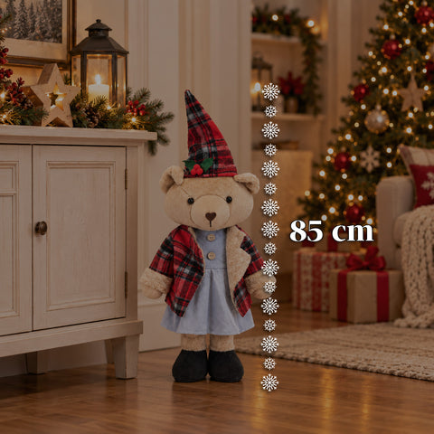 Orso Natalizio Decorativo 85 cm, Peluche da Arredo con Cappello e Abito Scozzese, Base Stabile, Rosso o Marrone Tartan