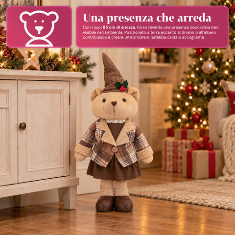 Orso Natalizio Decorativo 85 cm, Peluche da Arredo con Cappello e Abito Scozzese, Base Stabile, Rosso o Marrone Tartan