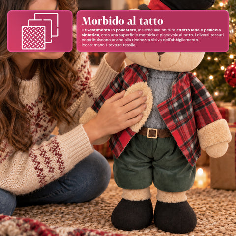 Orso Natalizio Decorativo 85 cm, Peluche da Arredo con Cappello e Abito Scozzese, Base Stabile, Rosso o Marrone Tartan