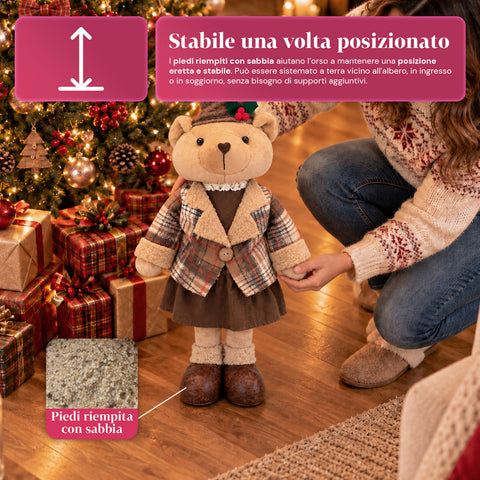Orso Natalizio Decorativo 85 cm, Peluche da Arredo con Cappello e Abito Scozzese, Base Stabile, Rosso o Marrone Tartan
