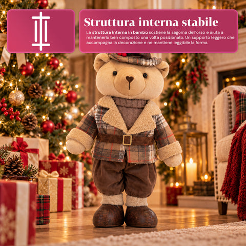 Orso Natalizio Decorativo 85 cm, Peluche da Arredo con Cappello e Abito Scozzese, Base Stabile, Rosso o Marrone Tartan