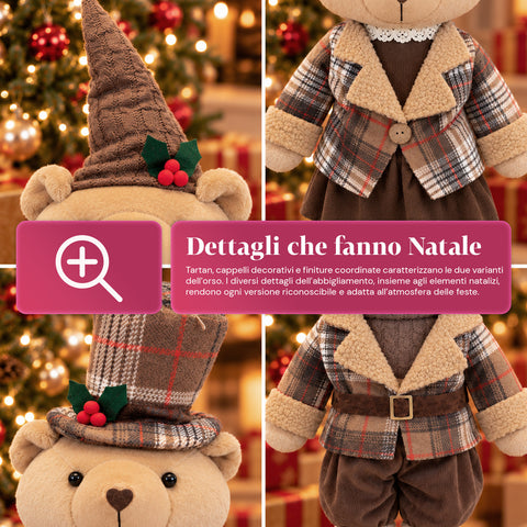 Orso Natalizio Decorativo 85 cm, Peluche da Arredo con Cappello e Abito Scozzese, Base Stabile, Rosso o Marrone Tartan