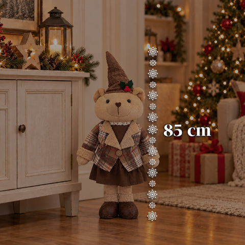 Orso Natalizio Decorativo 85 cm, Peluche da Arredo con Cappello e Abito Scozzese, Base Stabile, Rosso o Marrone Tartan