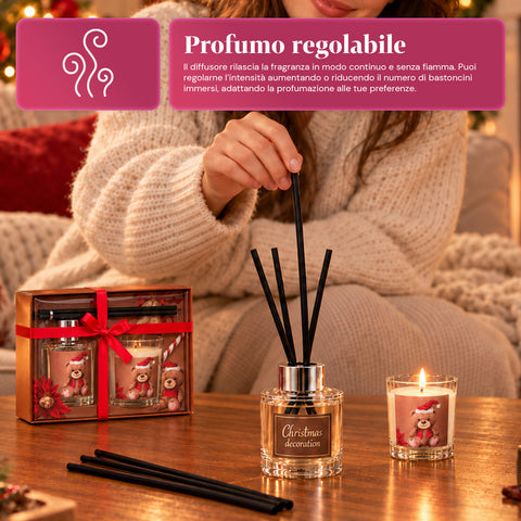 Set Profumatore per Ambienti con Diffusore a Bastoncini e Candela Profumata, Fragranze Natalizie, Cofanetto Regalo di Natale
