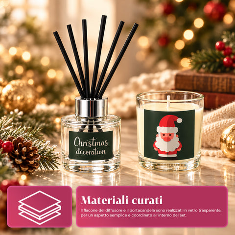 Set Profumatore per Ambienti con Diffusore a Bastoncini e Candela Profumata, Fragranze Natalizie, Cofanetto Regalo di Natale