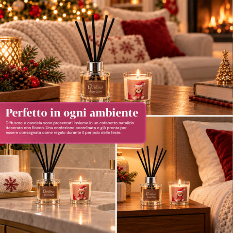 Set Profumatore per Ambienti con Diffusore a Bastoncini e Candela Profumata, Fragranze Natalizie, Cofanetto Regalo di Natale