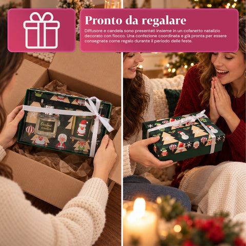Set Profumatore per Ambienti con Diffusore a Bastoncini e Candela Profumata, Fragranze Natalizie, Cofanetto Regalo di Natale