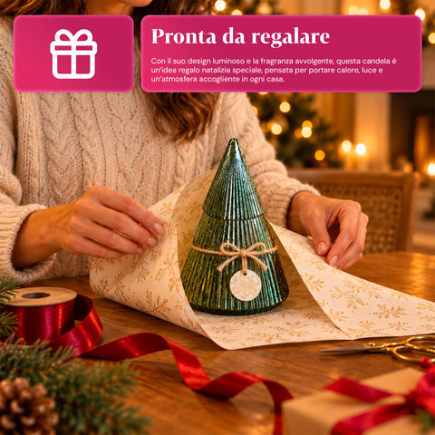 Candela Profumata in Vetro Decorato a Forma di Sfera o Albero – Fragranze Pino, Cannella e Vaniglia – Contenitore Riutilizzabile