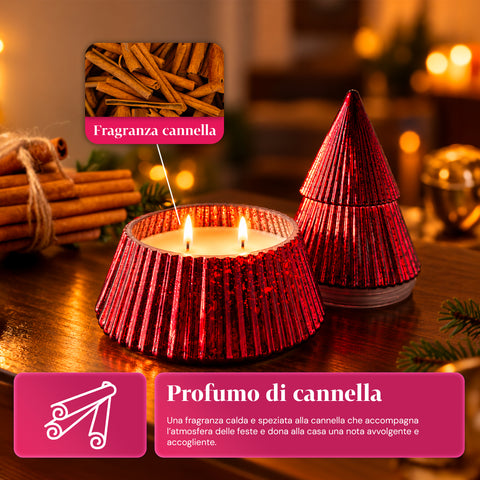 Candela Profumata in Vetro Decorato a Forma di Sfera o Albero – Fragranze Pino, Cannella e Vaniglia – Contenitore Riutilizzabile