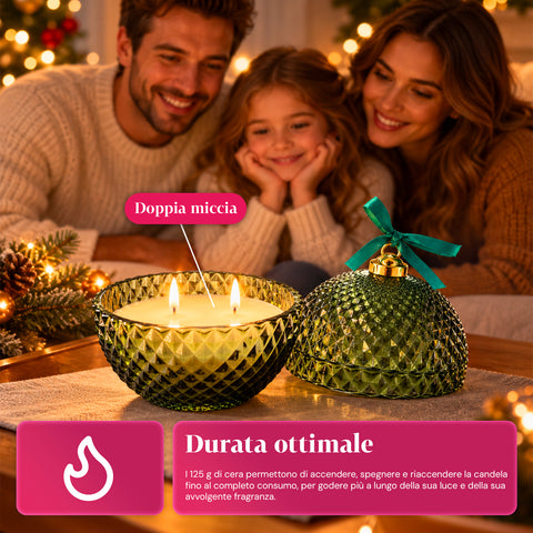 Candela Profumata in Vetro Decorato a Forma di Sfera o Albero – Fragranze Pino, Cannella e Vaniglia – Contenitore Riutilizzabile