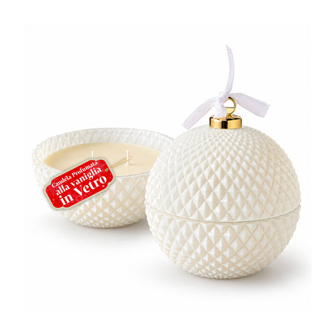 Candela Profumata in Vetro Decorato a Forma di Sfera o Albero – Fragranze Pino, Cannella e Vaniglia – Contenitore Riutilizzabile