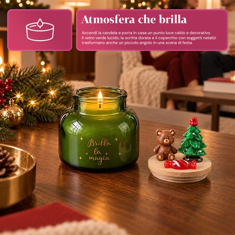 Candela Profumata in Barattolo di Vetro con Coperchio Decorato – Fragranze Pino, Cannella e Vaniglia – Contenitore Riutilizzabile con Scritta