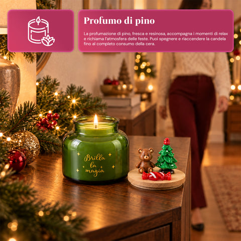 Candela Profumata in Barattolo di Vetro con Coperchio Decorato – Fragranze Pino, Cannella e Vaniglia – Contenitore Riutilizzabile con Scritta