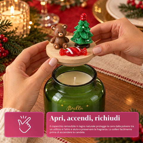 Candela Profumata in Barattolo di Vetro con Coperchio Decorato – Fragranze Pino, Cannella e Vaniglia – Contenitore Riutilizzabile con Scritta