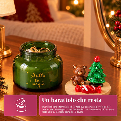 Candela Profumata in Barattolo di Vetro con Coperchio Decorato – Fragranze Pino, Cannella e Vaniglia – Contenitore Riutilizzabile con Scritta