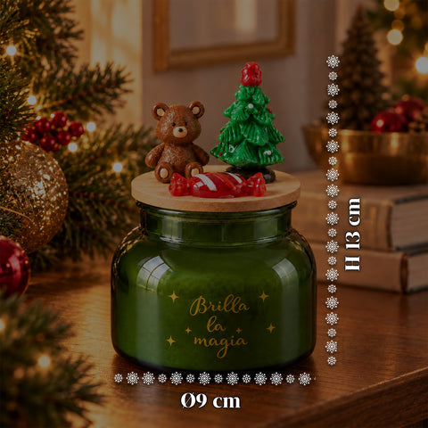 Candela Profumata in Barattolo di Vetro con Coperchio Decorato – Fragranze Pino, Cannella e Vaniglia – Contenitore Riutilizzabile con Scritta