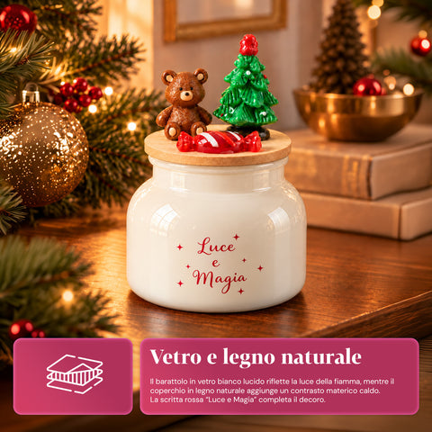 Candela Profumata in Barattolo di Vetro con Coperchio Decorato – Fragranze Pino, Cannella e Vaniglia – Contenitore Riutilizzabile con Scritta