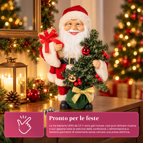 Babbo Natale con Albero 40 cm, Statuina Natalizia Musicale con Luci Lampeggianti, Batterie Incluse, Blindbox