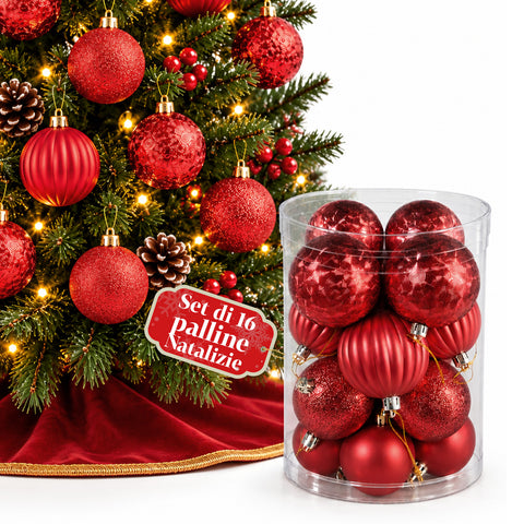 Set 16 Palline di Natale Infrangibili 7 cm - 4 Finiture Assortite Lucide, Opache e Glitterate - Decorazioni Albero e Casa - Rosso, Oro, Argento