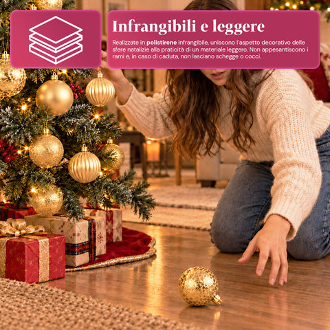 Set 16 Palline di Natale Infrangibili 7 cm - 4 Finiture Assortite Lucide, Opache e Glitterate - Decorazioni Albero e Casa - Rosso, Oro, Argento