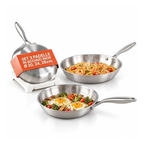 Set 3 Padelle in Acciaio Inox Tri-Ply 20-24-28 cm | Fondo Induzione Adatto a Tutti i Piani Cottura e Uso in Forno