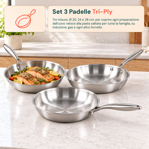 Set 3 Padelle in Acciaio Inox Tri-Ply 20-24-28 cm | Fondo Induzione Adatto a Tutti i Piani Cottura e Uso in Forno
