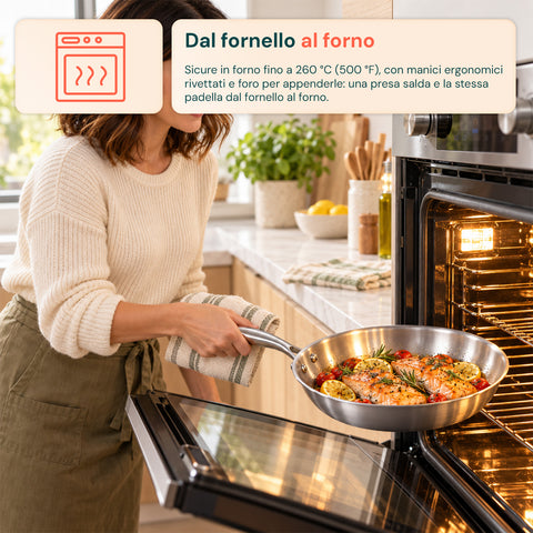 Set 3 Padelle in Acciaio Inox Tri-Ply 20-24-28 cm | Fondo Induzione Adatto a Tutti i Piani Cottura e Uso in Forno