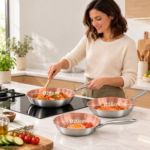 Set 3 Padelle in Acciaio Inox Tri-Ply 20-24-28 cm | Fondo Induzione Adatto a Tutti i Piani Cottura e Uso in Forno
