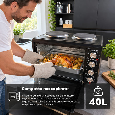 Fornetto Elettrico 40L con Doppia Piastra Elettrica, Grill, 5 Modalità di Cottura, Timer 120 Minuti, 100-250°C e Porta Doppio Vetro