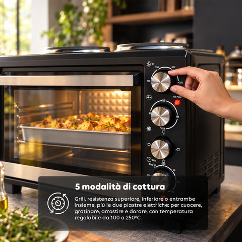 Fornetto Elettrico 40L con Doppia Piastra Elettrica, Grill, 5 Modalità di Cottura, Timer 120 Minuti, 100-250°C e Porta Doppio Vetro