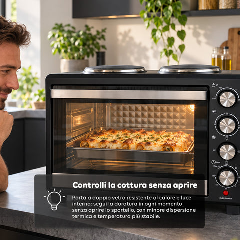 Fornetto Elettrico 40L con Doppia Piastra Elettrica, Grill, 5 Modalità di Cottura, Timer 120 Minuti, 100-250°C e Porta Doppio Vetro