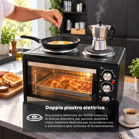 Fornetto Elettrico 40L con Doppia Piastra Elettrica, Grill, 5 Modalità di Cottura, Timer 120 Minuti, 100-250°C e Porta Doppio Vetro