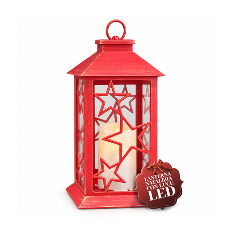 Lanterna Natalizia Rossa LED 30 cm, Cero con Effetto Fiamma, da Appendere o Appoggiare, 14x14x30 cm, 2 Decori Disponibili: Stelle o Fiocchi di Neve
