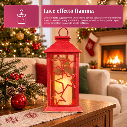 Lanterna Natalizia Rossa LED 30 cm, Cero con Effetto Fiamma, da Appendere o Appoggiare, 14x14x30 cm, 2 Decori Disponibili: Stelle o Fiocchi di Neve